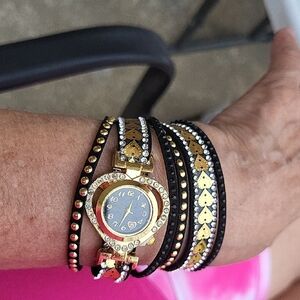 Gold and Black Heart Bracelet Watch